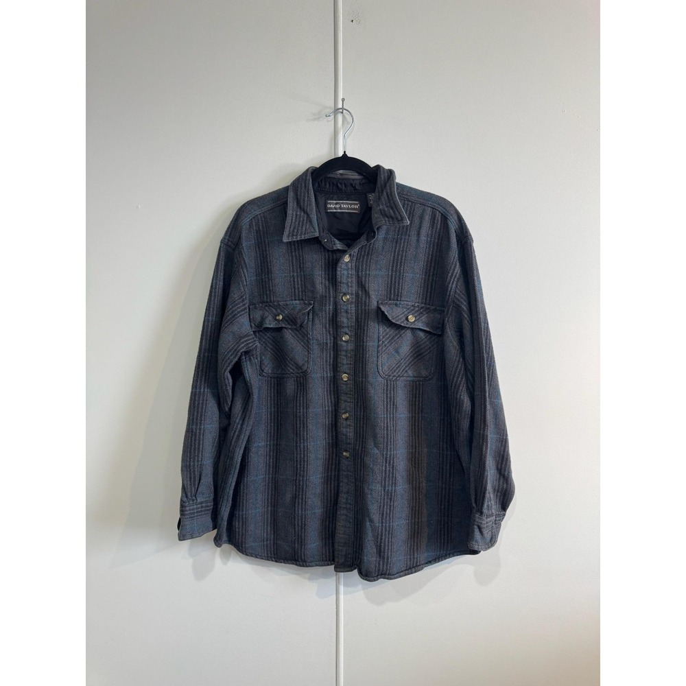 Vintage David Taylor Shirt Mens XL Gray Plaid Flannel Lined Button Front Casual